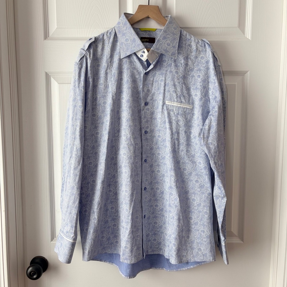 Havana Nines Mens XXL Blue Paisley Herringbone Button Up Shirt Epaulettes Cotton